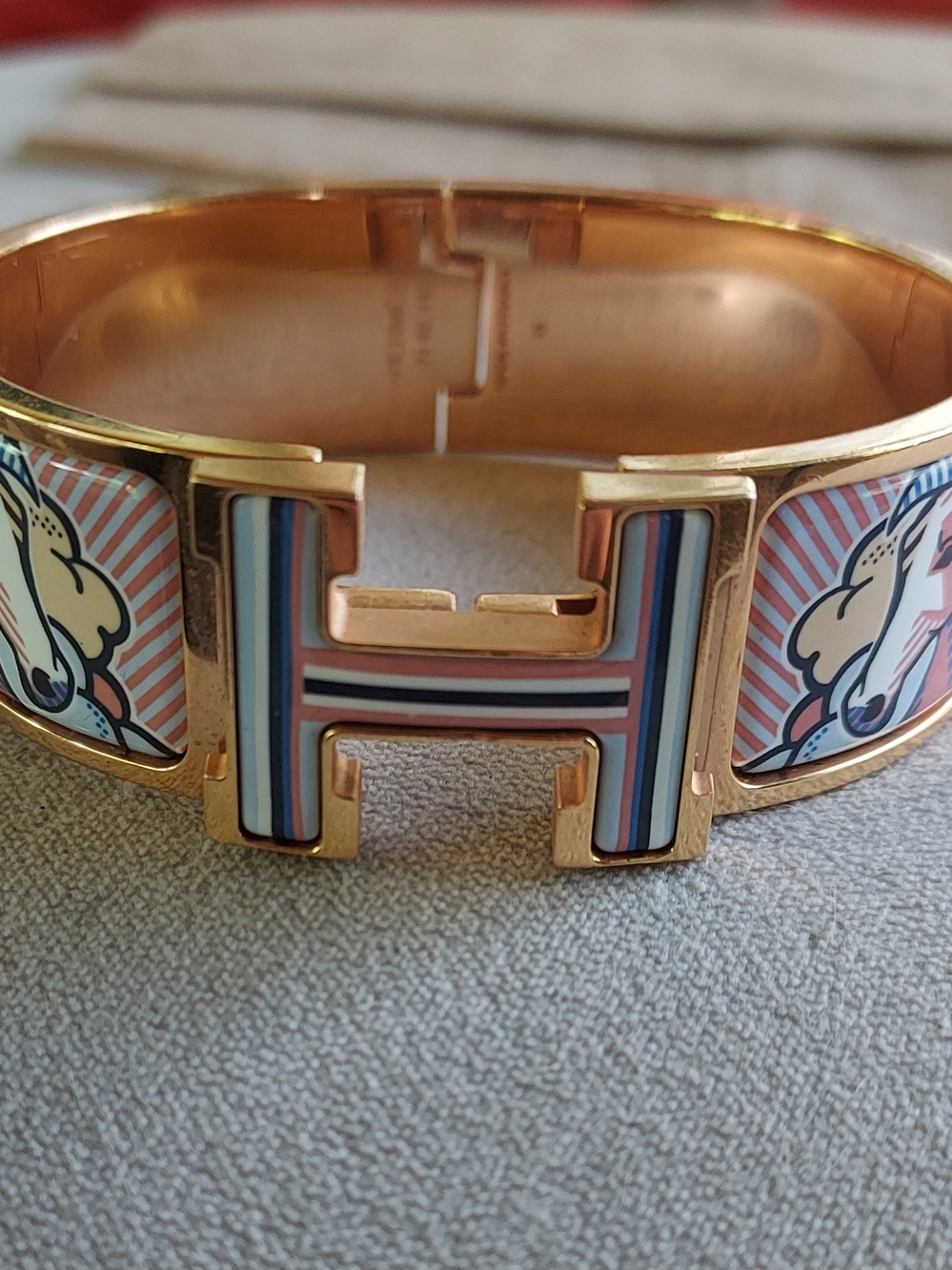 Hermes Gold Enamel H Cuff Bracelet with Pink, Blue and White Stripes